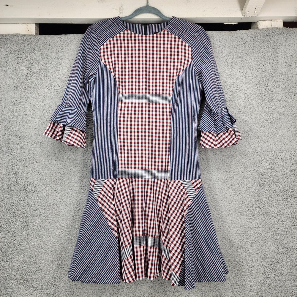 Badgley Mischka Mixed Print Gingham Striped Ruffle Sleeve Mini Dress Blue Red 4